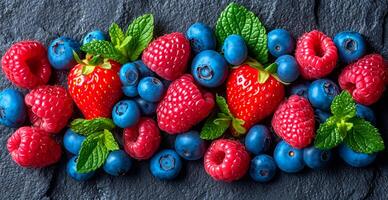 AI generated Fresh strawberries and blueberries - AI generated image photo