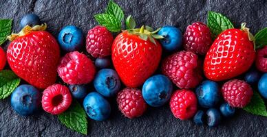 AI generated Fresh strawberries and blueberries - AI generated image photo