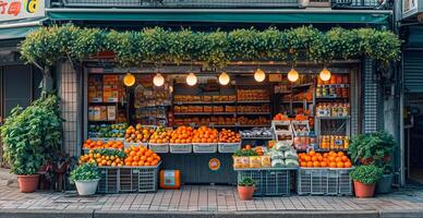 ai generado tienda de comestibles almacenar, monitor casos con productos - ai generado imagen foto