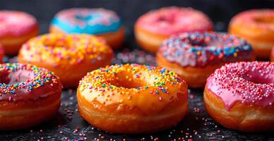 AI generated Multi-colored donuts, delicious snack - AI generated image photo