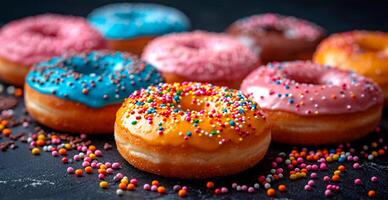 AI generated Multi-colored donuts, delicious snack - AI generated image photo