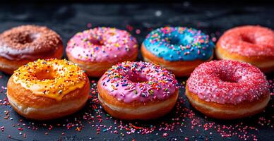 AI generated Multi-colored donuts, delicious snack - AI generated image photo