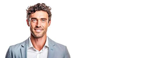 AI generated Young male confident businessman, white background isolate. Successful professional in suit, tie, entrepreneur. photo