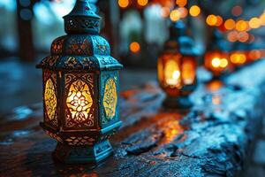 ai generado festivo linternas con ardiente velas para ramadán, islámico musulmán religioso evento. oscuro antecedentes con mezquitas foto