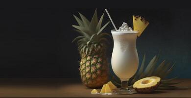 AI generated Pina Colada Cocktail in a glass with a straw and pineapple pieces and a whole pineapple. AI generated. photo