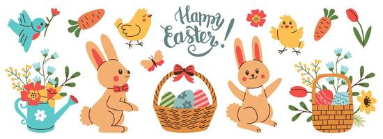 Set of Easter and Spring design elements. Rabbit, eggs, chicken, butterfly, tulips, flowers, branches, basket. Perfect for holiday decoration and greeting cards. vector