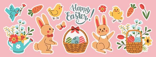 Stickers set of Easter and Spring design elements. Rabbit, eggs, chicken, butterfly, tulips, flowers, branches, basket. vector