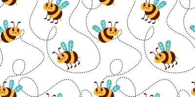 Seamless pattern with flying bees on a dotted route. Vector brown and yellow bees isolated on white background. Flat vector illustration.