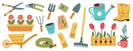 Set of gardening items in hand drawn style. Agricultural and garden tools for spring work. Vector isolated on white. Flat illustration.