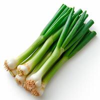 AI generated Fresh onion stems on white isolated background - AI generated image photo
