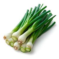 AI generated Fresh onion stems on white isolated background - AI generated image photo