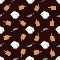 Seamless designer pattern depicting chef's hat, knife and chopping board vector