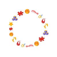 The frame is in the form of a circle of children's toys. For banners, posters, flyers, postcards, invitations. vector