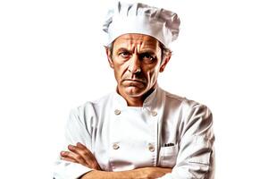 ai generado enojado masculino profesional cocinero en Servicio uniforme, blanco antecedentes aislar. foto