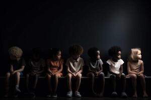 AI generated A group of teenage children of different races and genders sit in a row, black background isolate. photo