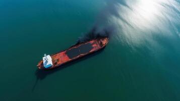 AI generated Ecological disaster, oil spill in ocean near tanker, top view. Commercial delivery. AI generated. photo