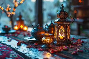 ai generado festivo linternas con ardiente velas para ramadán, islámico musulmán religioso evento. oscuro antecedentes con mezquitas foto
