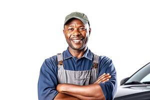 AI generated Close up of male car mechanic smiling, successful service, white background isolate. photo