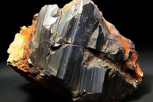 AI generated Arseniosiderite is a rare precious natural stone on a black background. AI generated. Header banner mockup with space. photo