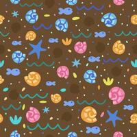 Vector seamless pattern with shellfishes, fishes, waves and seastars on brown background