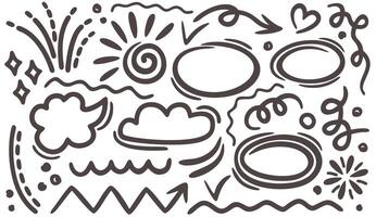 Vector set of doodle elements isolated on white background. Arrows, speech bubbles, clouds, emphasis, underlines, spirals, abstract geometric shapes