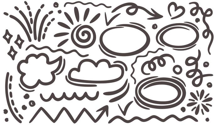 Vector set of doodle elements isolated on white background. Arrows, speech bubbles, clouds, emphasis, underlines, spirals, abstract geometric shapes