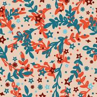 Vector seamless floral pattern with colorful leaves, flowers and stars on light beige background