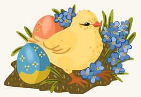 Easter chick with colored decorative Easter eggs and spring flowers. Vector isolated illustration