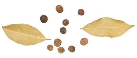 Bay leaf and allspice peas on isolated background, top view. photo