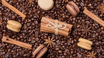 Roasted coffee beans, cinnamon sticks and star anise photo