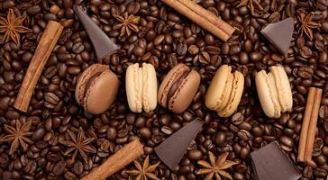 Multi-colored macarons on a background of coffee beans, top view photo