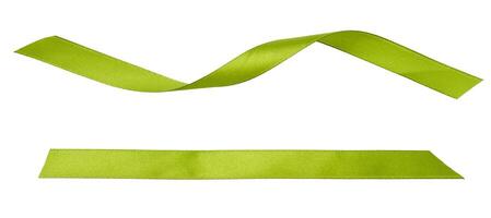 Twisted green satin ribbon isolated. Decor for gift wrapping photo