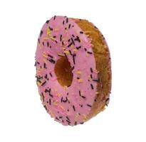Donut covered with pink glaze and sprinkled with colorful sprinkles photo