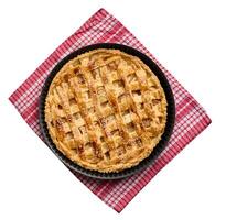 Round baked apple pie, white isolated background. View from above photo