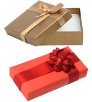 Cardboard box  and silk bow isolated on white background photo