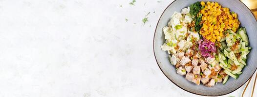 Chinese cabbage salad with chicken meat, corn, cucumber and dressing mustard. Asian food. Top view, banner photo
