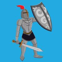 Cartoon medieval knight weapon, long sword, full metal, armed knight holding shield and sword. Medieval warrior Chivalry. Flat vector illustration