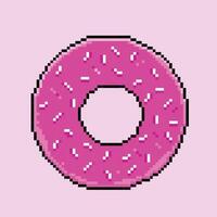 Pink sugary sweet strawberry donut with sprinkles. Pixel bit retro game styled vector illustration drawing. Simple flat cartoon drawing isolated on square background.