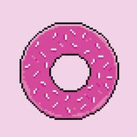 Pink sugary sweet strawberry donut with sprinkles. Pixel bit retro game styled vector illustration drawing. Simple flat cartoon drawing isolated on square background.