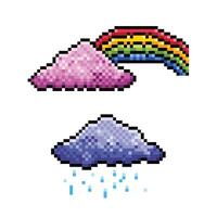 Clouds with rainbow and purplish blue cloud with rain. Pixel bit retro game styled vector illustration drawing. Simple flat cartoon drawing isolated on square white background.