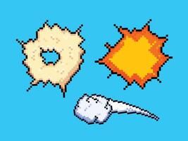 Boom, blast, woosh, and smoke comic explosion effects. Pixel bit retro game styled vector illustration drawing. Simple flat cartoon drawing set bundle group isolated on horizontal blue background.