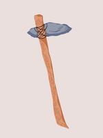 Prehistoric first human tool stone axe with wooden handle and leather binding vector illustration isolated on vertical ratio plain brown background. Simple flat cartoon art styled drawing.