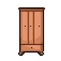 Wooden clothes wardrobe. Pixel bit retro game styled vector illustration drawing. Simple flat cartoon interior home furniture drawing.