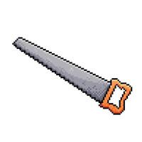 Hand saw with orange handle. Pixel bit retro game styled vector illustration drawing. Simple flat cartoon styled drawing isolated on white square background.