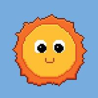 Sun with cute smile face expression. Pixel bit retro game styled vector illustration drawing. Simple flat cartoon drawing isolated on square background.