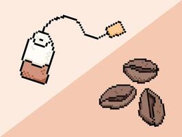 Coffee beans and tea bag. Pixel bit retro game styled vector illustration drawing set collection bundle group. Simple flat cartoon drawing isolated on horizontal background.