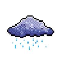 Purplish blue cloud with falling rain water drops. Pixel bit retro game styled vector illustration drawing. Simple flat cartoon drawing isolated on square white background.