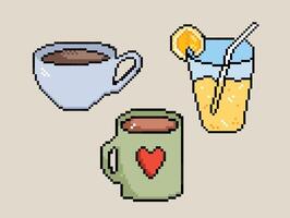 Beverages and refreshing cafe drinks. Coffee, chocolate, and lemonade mugs. Pixel bit retro game styled vector illustration drawing set collection bundle group.Simple flat cartoon drawing.