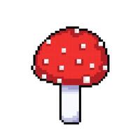 Red mushroom fungi. Amanita muscaria. Pixel bit retro game styled vector illustration drawing. Simple flat cartoon drawing isolated on square white background.