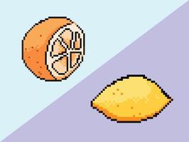 Orange and Lemon citrus fruits. Pixel bit retro game styled vector illustration drawing set collection bundle group. Simple flat cartoon drawing isolated on horizontal background.